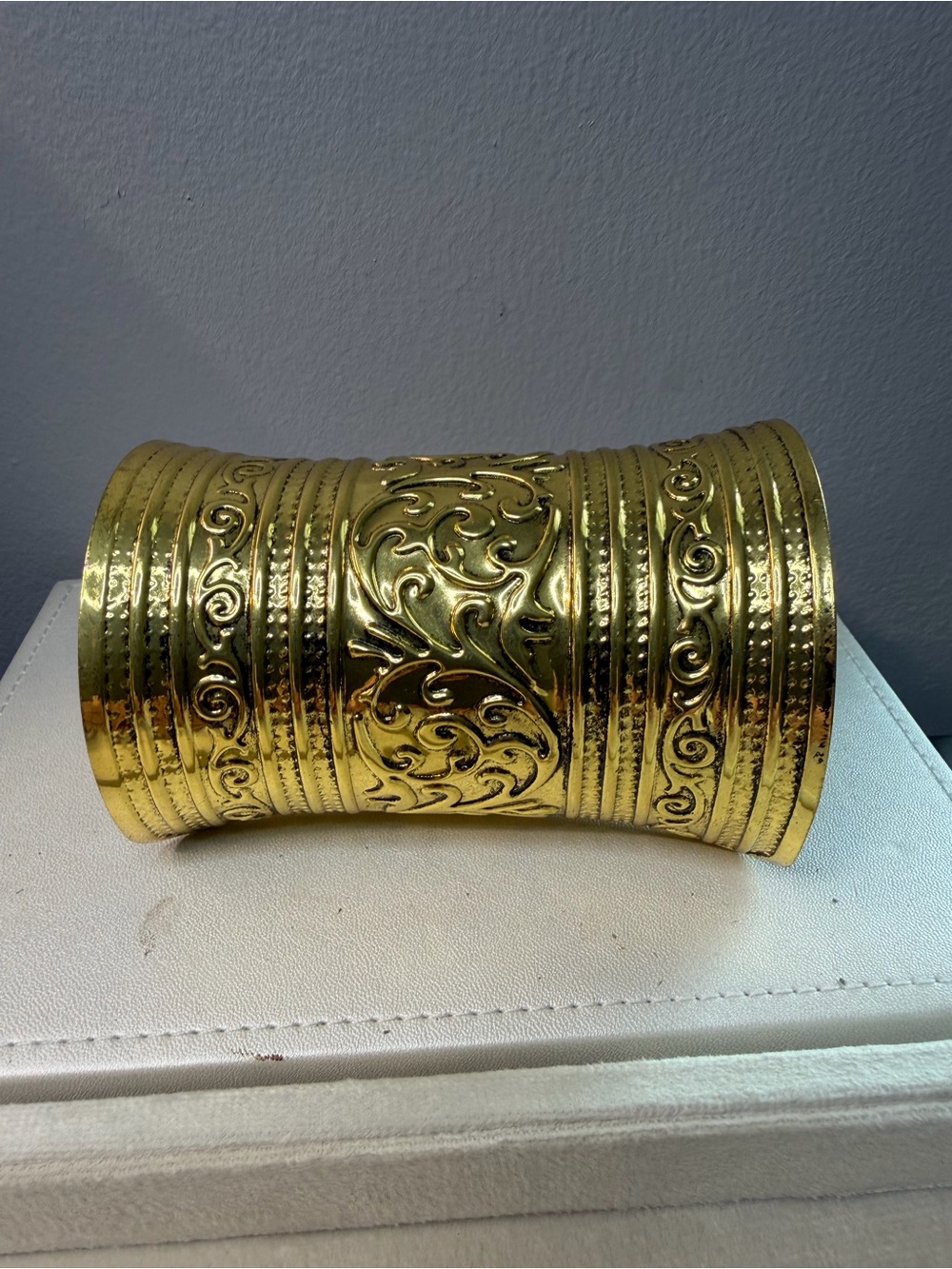 Vintage Gold Tone Wide Cuff Bracelet Scroll Etched Bracelet Boho Goddess Style